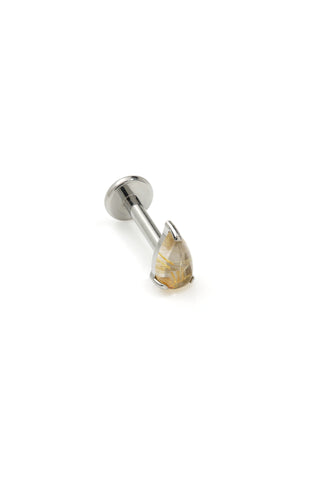 Titanium Threadless Gold Rutilated Quartz Tear Drop Flat Back Stud