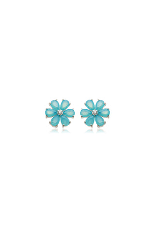 Iris Platinum Titanium Flower Flat Back Stud Earrings - Blue