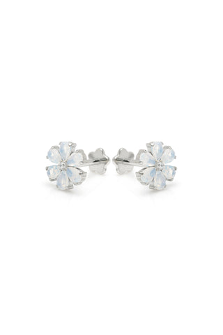 Iris Platinum Titanium Flower Flat Back Stud Earrings - White