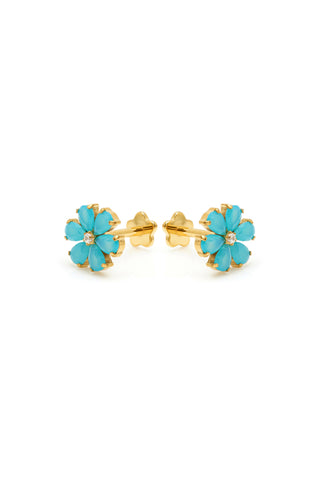 Iris Gold Titanium Flower Flat Back Stud Earrings - Blue
