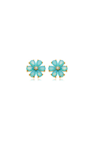 Iris Gold Titanium Flower Flat Back Stud Earrings - Blue