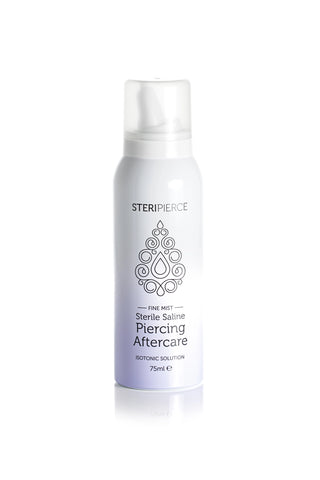 SteriPierce 75ml sterile saline piercing aftercare spray can with angled nozzle, ideal for hygienic fine mist application.