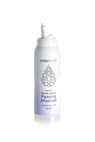 SteriPierce 75ml sterile saline piercing aftercare spray with transparent cap securely in place.
