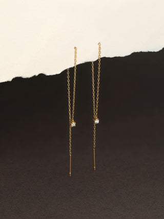 Solid 14ct Gold Long Threader Diamond Earrings - Gold