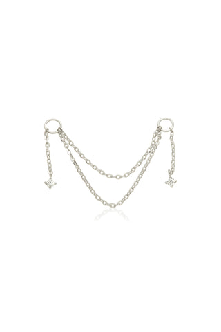 Solid 14ct White Gold Hanging Double Chain Charm with Hanging Gems
