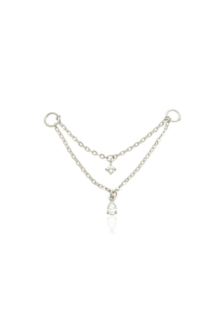 Solid White Gold Hanging Double Chain Charm with Hanging Gems