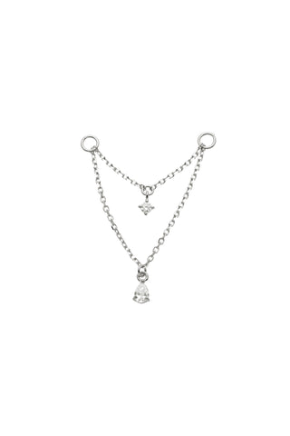 Solid 14ct Gold Hanging Double Chain Charm with Hanging Diamonds - White Gold
