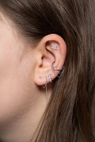 Solid Gold Hinged Conch Ring with Double Hanging Chains - White Gold