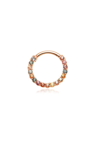 Solid 14ct Gold Front Facing Hinged Daith & Septum Ring with Pavé Multicolour Sapphire Gems -  Rose Gold