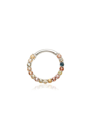 Solid 14ct Gold Front Facing Hinged Daith & Septum Ring with Pavé Multicolour Sapphire Gems -  White Gold
