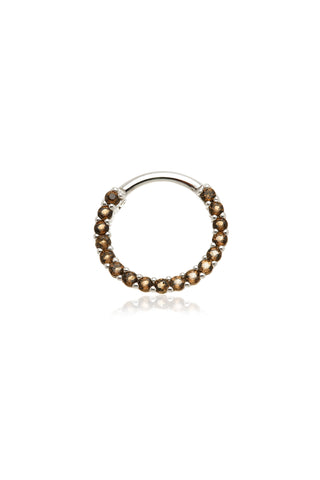 Solid 14ct Gold Front Facing Hinged Daith & Septum Ring with Pavé Smoky Quartz Gems -  White Gold