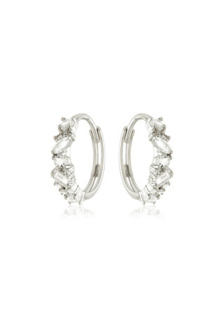 Solid Gold Multi Gem Cluster Hoop Earrings - White Gold