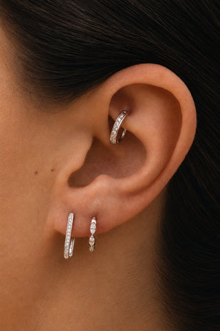 Solid 14ct Gold Diamond Rectangle Hoop Earrings - White Gold
