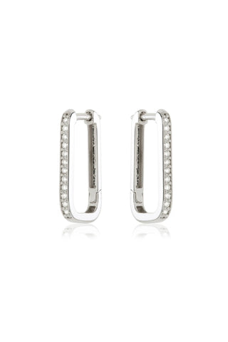 Solid 14ct Gold Diamond Rectangle Hoop Earrings - White Gold