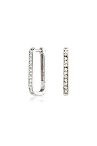 Solid 14ct Gold Diamond Rectangle Hoop Earrings - White Gold