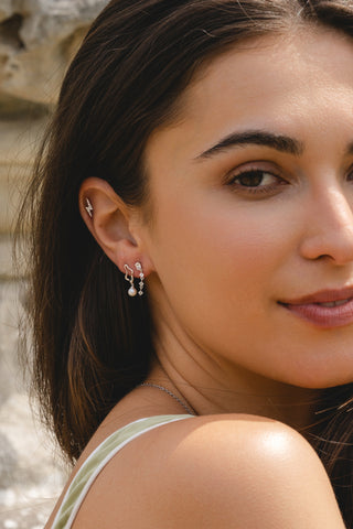 Solid Gold Wavy Pearl Stud Earrings - White Gold