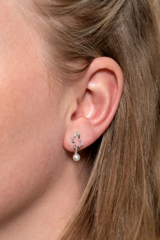 Solid Gold Wavy Pearl Stud Earrings - White Gold