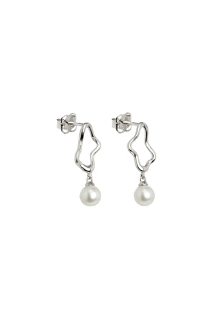 Solid Gold Wavy Pearl Stud Earrings - White Gold