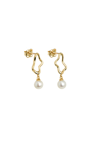Solid Gold Wavy Pearl Stud Earrings - Gold