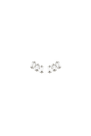 Solid 14ct Gold Triple Baguette Diamond Stud Earrings - White Gold