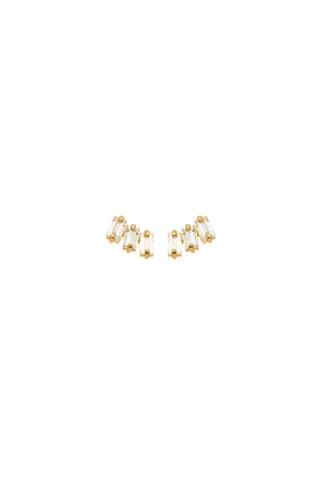 Solid 14ct Gold Triple Baguette Diamond Stud Earrings - Gold