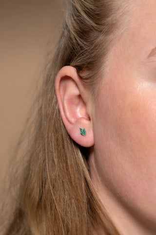 Solid Gold Emerald Leaf Stud Earrings - White Gold
