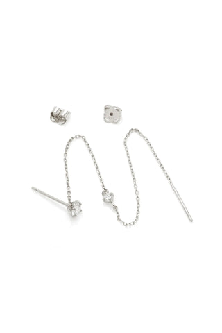 Solid 14ct Gold Diamond Stud Earring with Hanging Chain - White Gold
