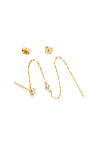 Solid 14ct Gold Diamond Stud Earring with Hanging Chain - Gold