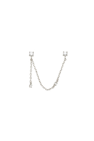 Solid 14ct Gold Double Stud Earring with Hanging Chain and Diamonds - White Gold