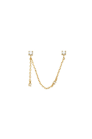 Solid 14ct Gold Double Stud Earring with Hanging Chain and Diamonds - Gold
