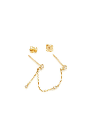Solid 14ct Gold Double Stud Earring with Hanging Chain and Diamonds - Gold
