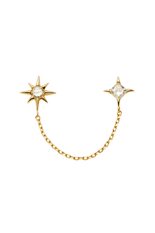 Solid 14ct Gold Diamond Star Double Stud Earring - Gold