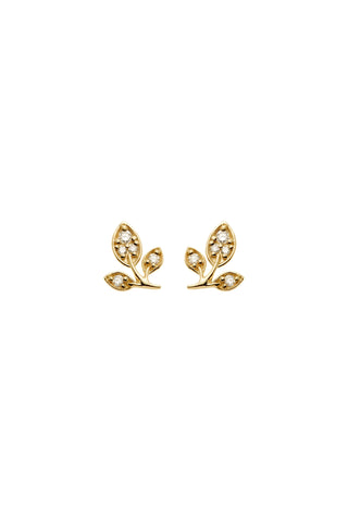 Solid 14ct Gold Diamond Leaf Stud Earrings - Gold