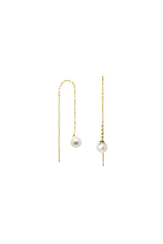 Solid Gold Threader Large Pearl Earrings - Gold