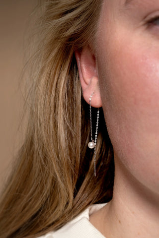 Solid Gold Long Threader Pearl Earrings - White Gold