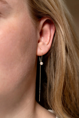 Solid Gold Long Threader Pearl Earrings - Gold