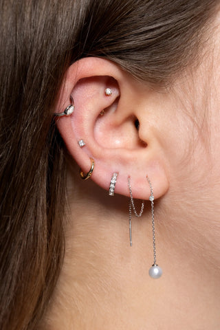 Solid 14ct Gold Threader Earrings with Pearl & Diamond - White Gold