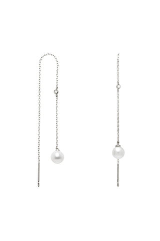 Solid 14ct Gold Threader Earrings with Pearl & Diamond - White Gold