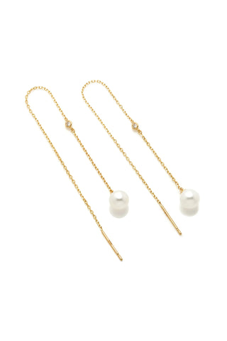Solid 14ct Gold Threader Earrings with Pearl & Diamond - Gold