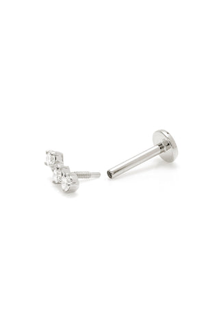 Solid 14ct Gold Triple Diamond Flat Back Stud Earring - White Gold