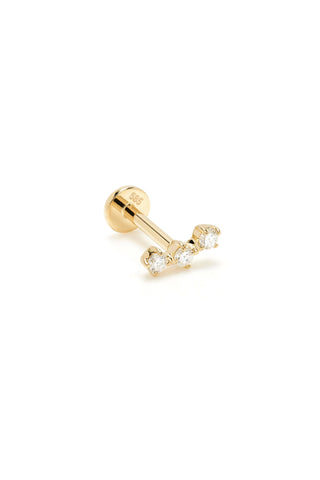 Solid 14ct Gold Triple Diamond Flat Back Stud Earring - Gold