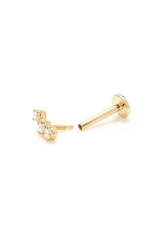 Solid 14ct Gold Triple Diamond Flat Back Stud Earring - Gold