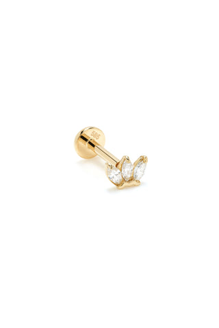 Solid 14ct Gold Triple Marquise Diamond Flat Back Stud Earring - Gold