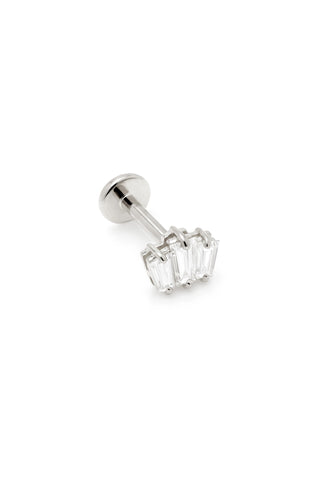 Solid 14ct Gold Triple Baguette Diamond Flat Back Stud Earring - White Gold