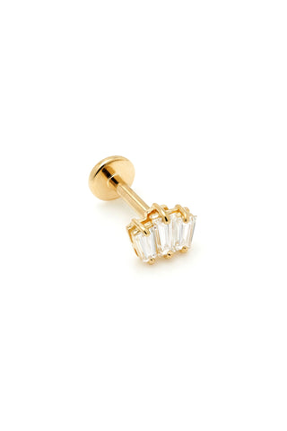 Solid 14ct Gold Triple Baguette Diamond Flat Back Stud Earring - Gold