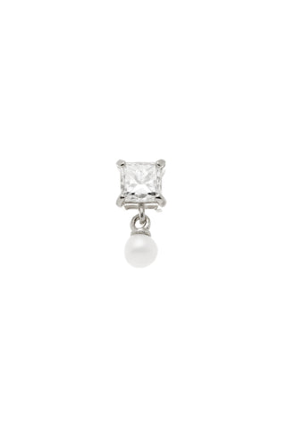 Solid 14ct Gold Flat Back Stud with Square Diamond and Hanging Pearl - White Gold