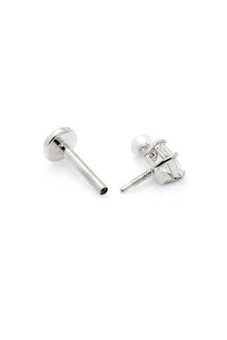 Solid 14ct Gold Flat Back Stud with Square Diamond and Hanging Pearl - White Gold