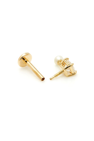 Solid 14ct Gold Flat Back Stud with Square Diamond and Hanging Pearl - Gold