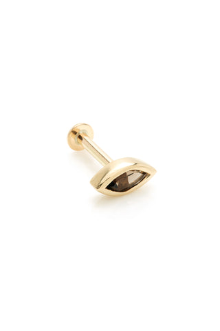 Solid 14ct Yellow Gold Single Smokey Quartz Marquise Flat Back Stud
