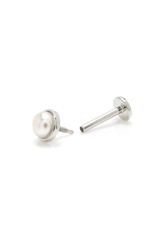 Solid 14ct Gold Bezel Pearl Flat Back Stud Earring - White Gold